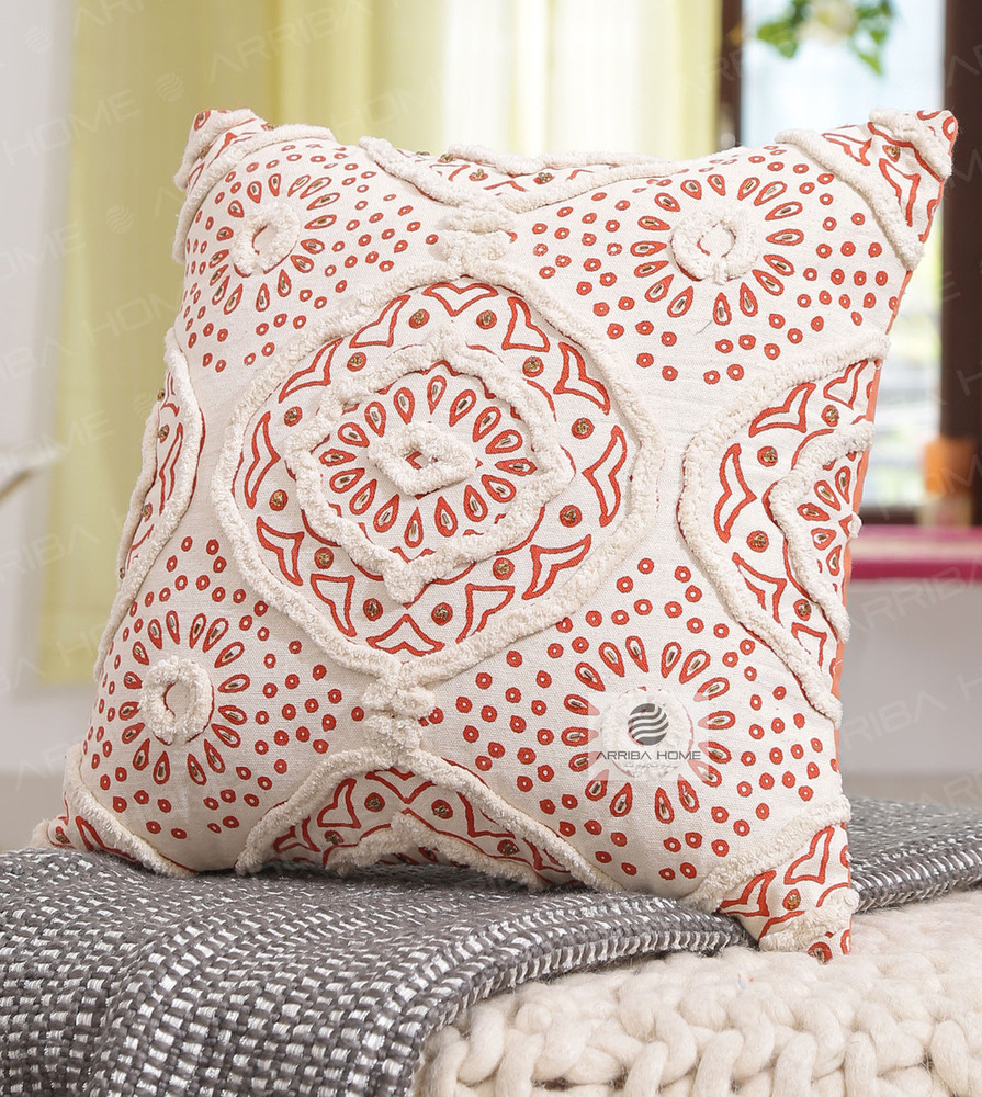 Tufted Printed Cushion Cover - Cotton, 16x16 | 18x18 | 20x20 | 22x22 | 24x24 | 12x20 | 12x12 Inch, Navy Blue & Cream, Zipper Closure, Easy Care