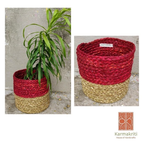 Handmade Sabai Grass Round Tall Storage Basket - Color: Natural And Blue