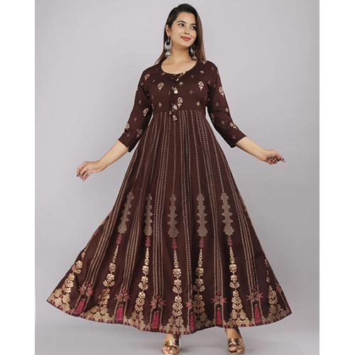 Coffee Color Gold Print Anarkali Gown
