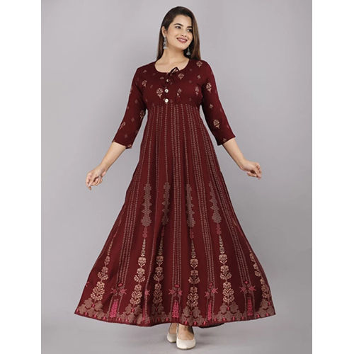 Maroon Gold Print Anarkali Gown