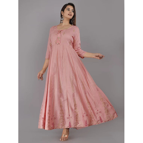 Peach Gold Print Anarkali Gown