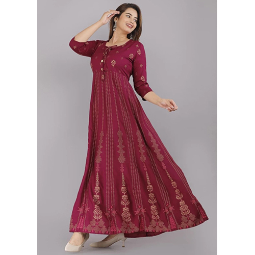 WineColor Gold Print Anarkali Gown