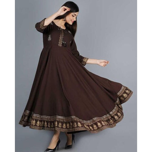 Washable Brown Beautiful Embroidery Work Anarkali Kurti