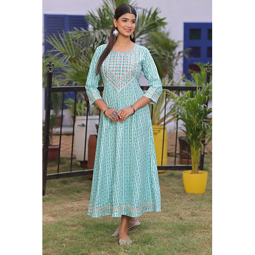 Mint Green Floral Procion Print Anarkali Kurti