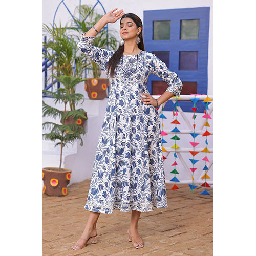 Washable White Blue Floral Procion Print Anarkali Kurti