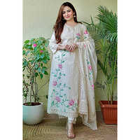 Washable Hand Brush Paint Chikankari Kurti Pants Set With Dupatta