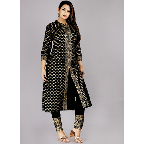 Ladies Black Sherwani Style Front Open Kurta Pants Set