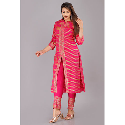 Ladies Pink Front Open Kurta Pants Set