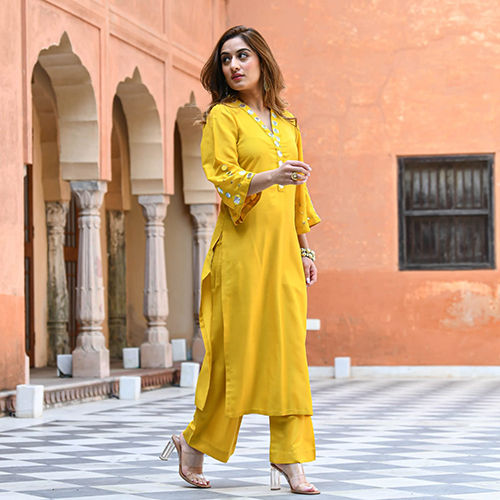 Indian Ladies Big Mirror Kurti Palazzo Set Yellow