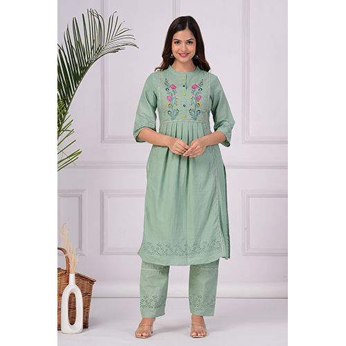 Ladies Dobi Embro Kurti Pants With Dupatta Green