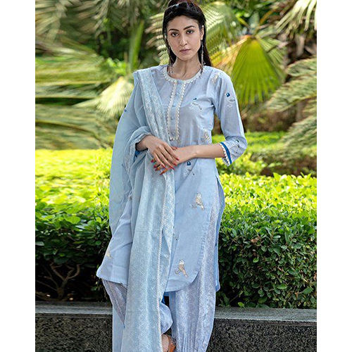 Sky Blue Bird Embroidery Work Dupatta Set