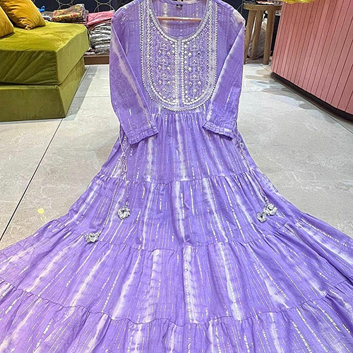 Purple Printed Lurex Gown