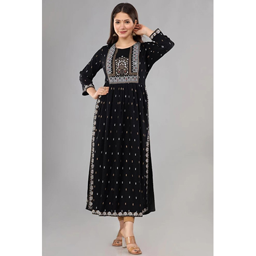 Black Rayon Viscose Taj Printed Naira Cut Single Kurti