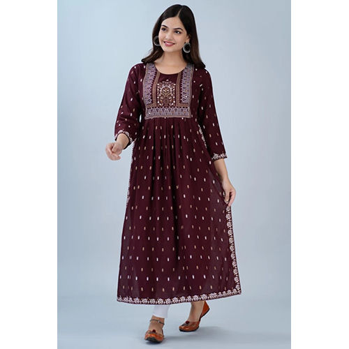 Washable Brown Rayon Viscose Taj Printed Naira Cut Single Kurti