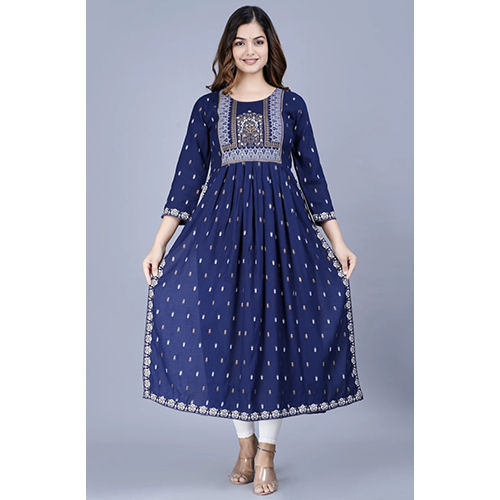 Washable Blue Rayon Viscose Taj Printed Naira Cut Single Kurti