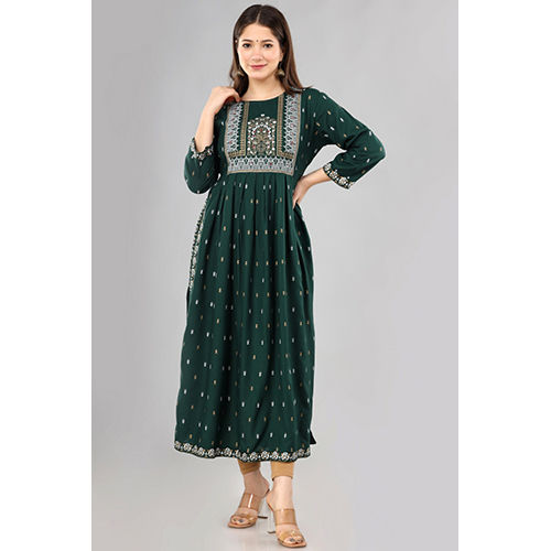 Washable Green Rayon Viscose Taj Printed Naira Cut Single Kurti