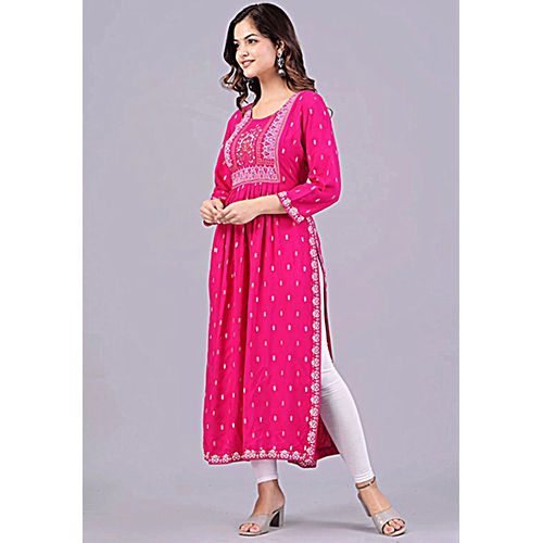 Rani Pink Rayon Viscose Taj Printed Naira Cut Single Kurti