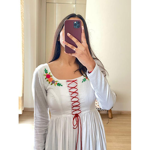 White Hand Flower Embroidered Naira Cut Kurti