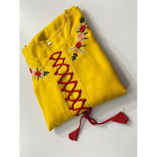 Washable Yellow Hand Flower Embroidered Naira Cut Kurti