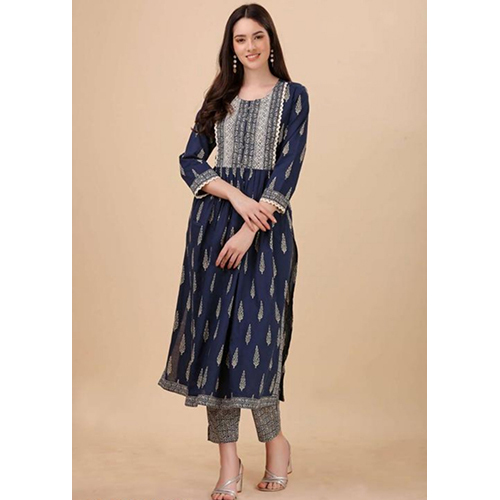 Ladies Blue Naira Cut Kurti Pants Set Lace Work On Yoke