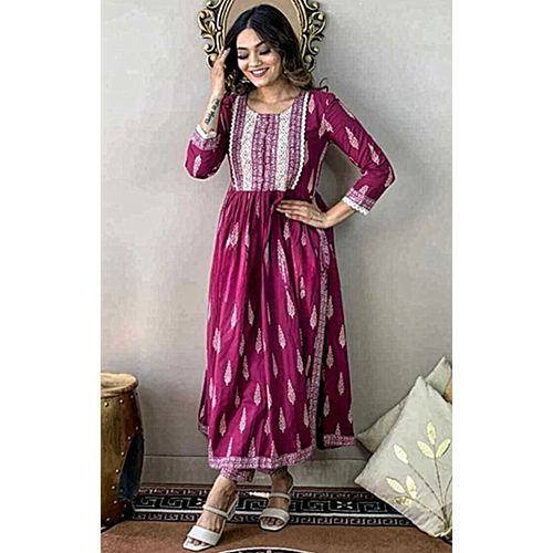 Ladies WineColor Naira Cut Kurti Pants Set Lace Work On Yoke