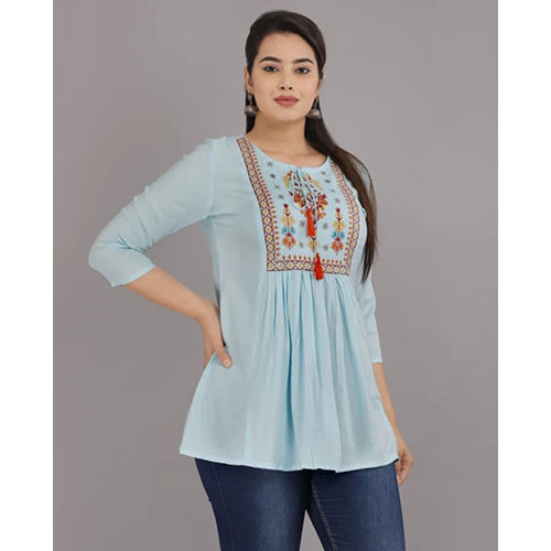 Sky Blue Embroidery Work Rayon Viscose Flared Top