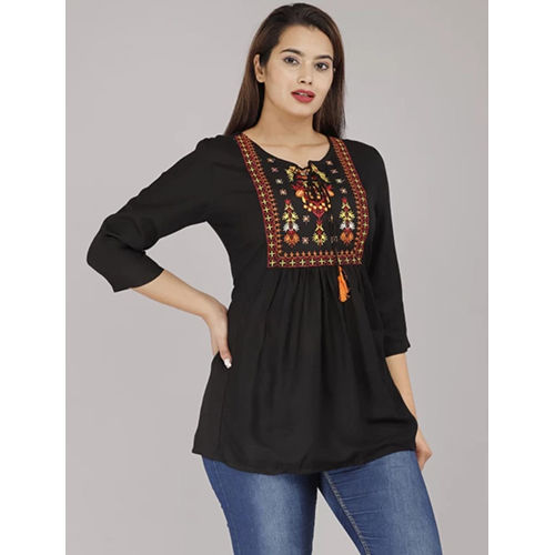 Black Embroidery Work Rayon Viscose Flared Top