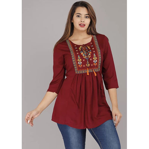 Brown Embroidery Work Rayon Viscose Flared Top