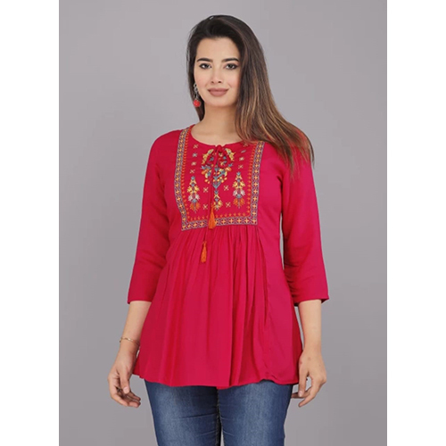 Rani Pink Embroidery Work Rayon Viscose Flared Top