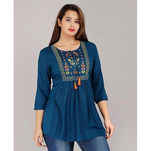 Blue Embroidery Work Rayon Viscose Flared Top
