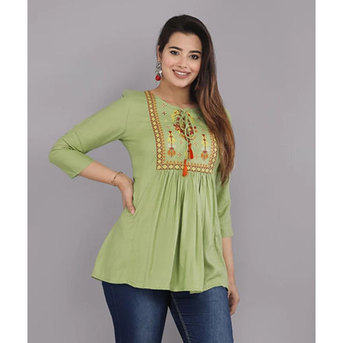 Embroidered Mint Green Embroidery Work Rayon Viscose Flared Top