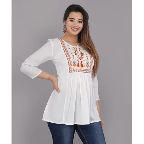 White Embroidery Work Rayon Viscose Flared Top