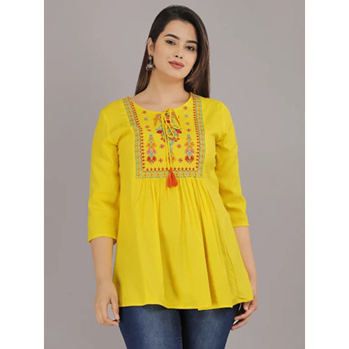 Yellow Embroidery Work Rayon Viscose Flared Top