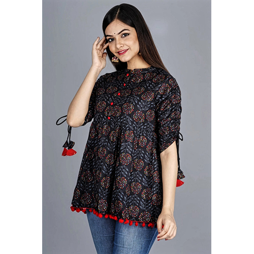 Black Short Kurti Top With Pompom And Tassels