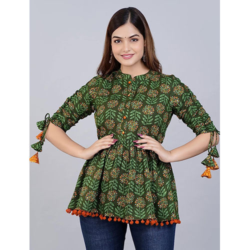 Multicolor Green Short Kurti Top With Pompom And Tassels