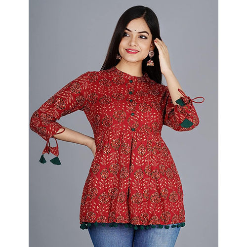 Multicolor Maroon Short Kurti Top With Pompom And Tassels