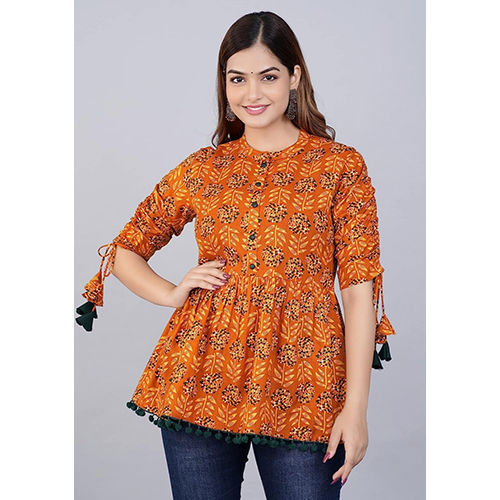 Mustard Short Kurti Top With Pompom And Tassels