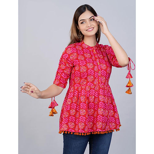 Pink Short Kurti Top With Pompom And Tassels