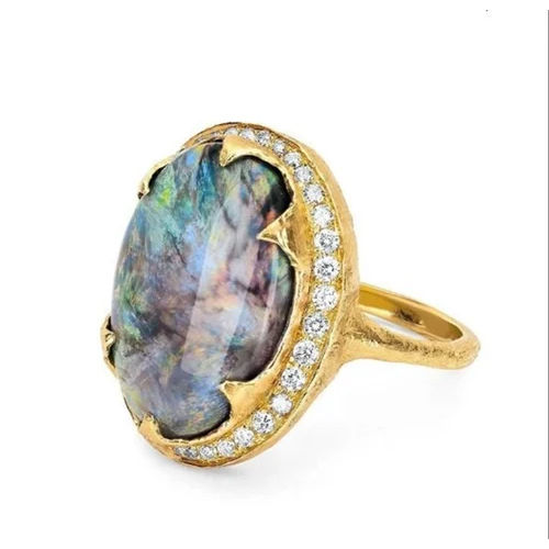 14K Yellow Gold Bark Texture Opal Ring