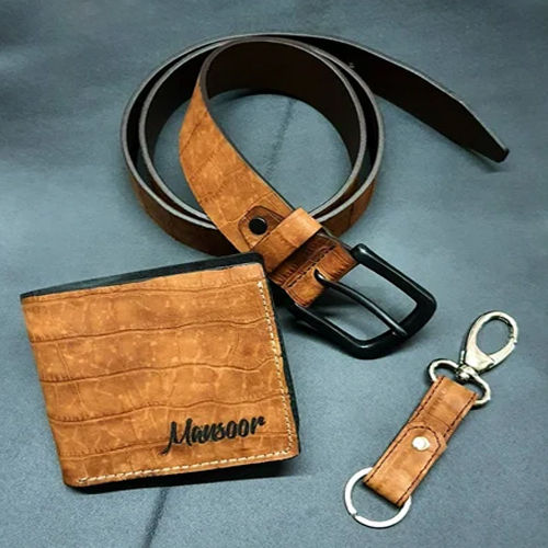 Men Tan Leather Wallet Keychain Belt Combo