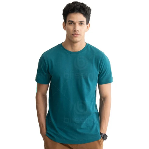 Mens Teal Blue Plain Half Sleeve Cotton T-Shirt