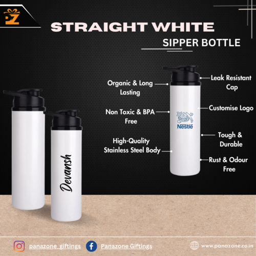 Stainless Steel Straight White Sipper Bottle - Size: 500 Ml