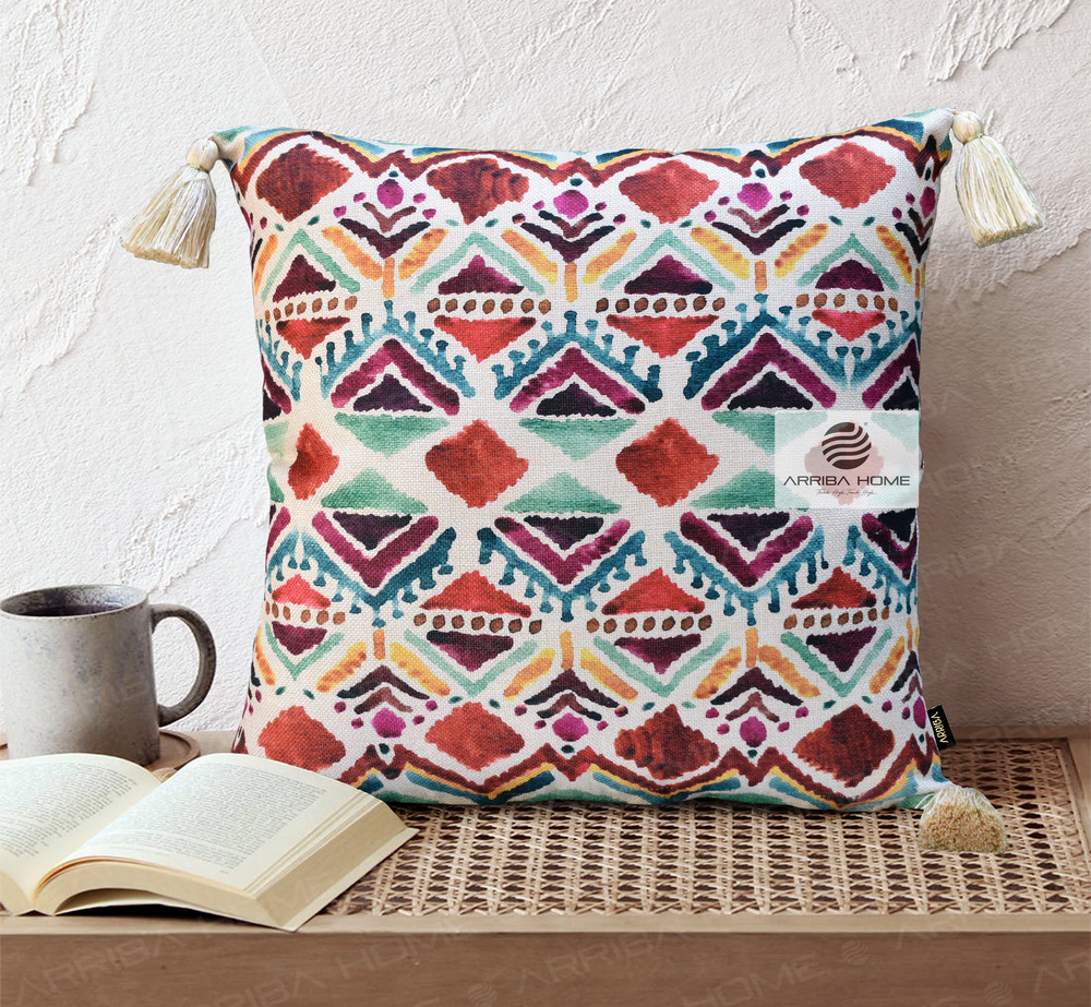 Polyester Spun Digital Print Cushion Cover - 100% Polyester, 16x16 | 18x18 | 20x20 | 22x22 | 24x24 | 12x20 | 12x12 Inch, Black, Orange, Yellow, Red, Zipper Closure, Easy Maintenance, Ethnic Style