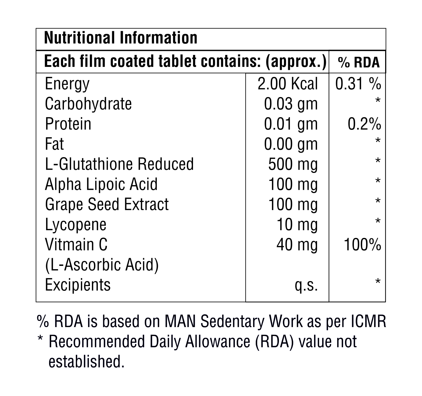 L-Glutathione Reduced With Alpha Lipoic Acid And Vitamin C Tablet