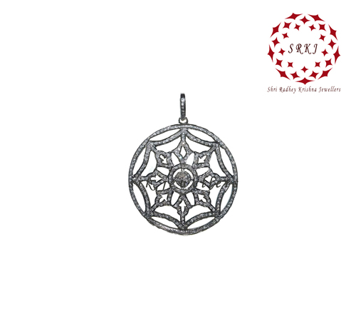 925 Starling Silver Handmade Pave Diamond Round Flower Fancy Pendant - Gender: Unisex