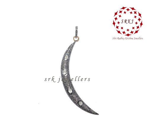 925 Starling Silver Handmade Moon Style Pave Diamond Fancy Pendant