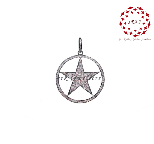 925 Starling Silver Handmade Pave Diamond Round Star Shape Fancy  Pendant