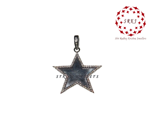 925 Starling Silver Handmade Pave Diamond Star Shape Fancy Black Pendant - Gender: Women