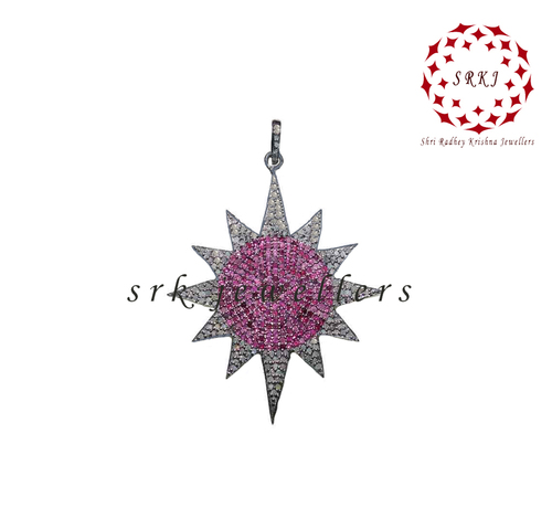 925 Starling Silver Handmade Pave Diamond With Ruby Stone Sunburst Pendant