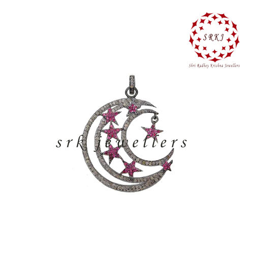 925 Starling Silver Moon With Star Handmade Pave Diamond With Ruby Stone Pendant